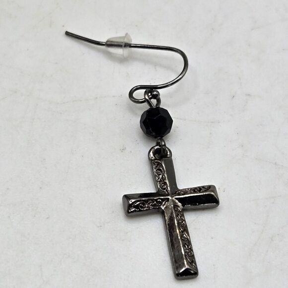 "5/$25" Mismatched Cross Circle Drop Black Crystal Silvertone Dangle Earrings - Picture 6 of 8